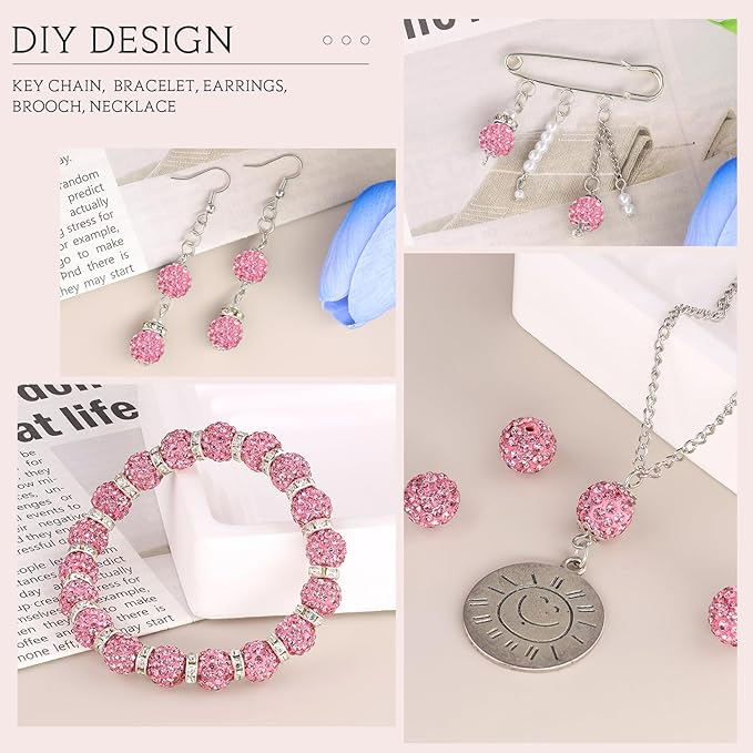 150pcs 10mm Rhinestone Beads for Jewelry Making, Dark Pink Shiny Round Shamballa Disco Ball Beads Bulk, Sparkle Crystal Clay Christmas for Bracelet Baseball Necklace Earring Crafting and DIY