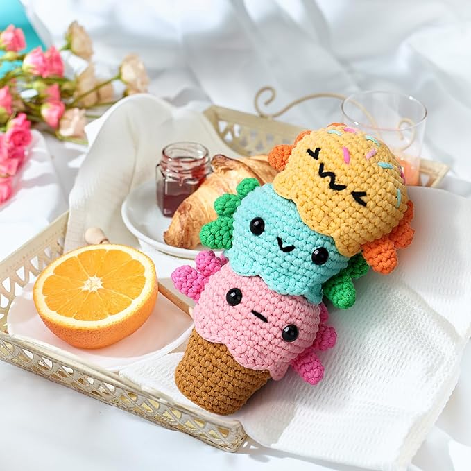Crochetta Crochet Kit for Beginners, Crochet Starter Kit w Step-by-Step Video Tutorials, Beginner Crochet Kit for Adults Kids Women Men Complete Kit Included (Ice Cream Axolotls)