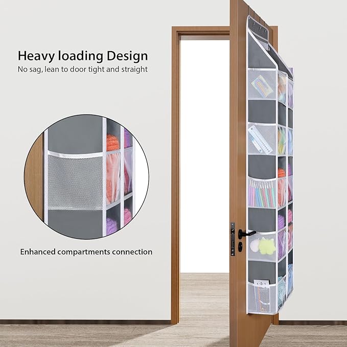 Univivi 6 Tiers Hanging Yarn Storage Organizer, Large Knitting Organizer with 12 Deep Clear Pockets & 10 Mesh Side Pockets, Over The Door Yarn Holder for Crochet Hooks, Knitting Needles, Grey