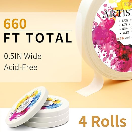 4 Packs White Artist Tape for Watercolor Paper Drafting Art Low Tack Masking Tape Acid Free Painter Watercolor Tape for Painting Canvas Framing, 0.5inch Wide 660FT Long Total