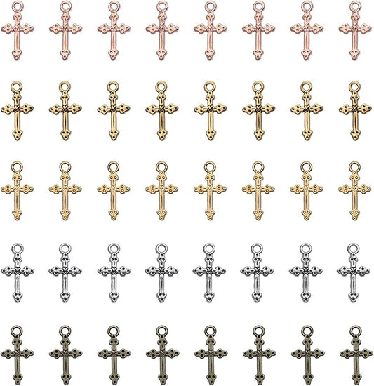 50 Pcs Vintage Crucifix Pendants Beading Charms with Hole Metal Religious Antique Silver Gold Bulk Cross for Jewelry Making Kit DIY Bracelet Necklace Earring Keychain Accessories Supplies