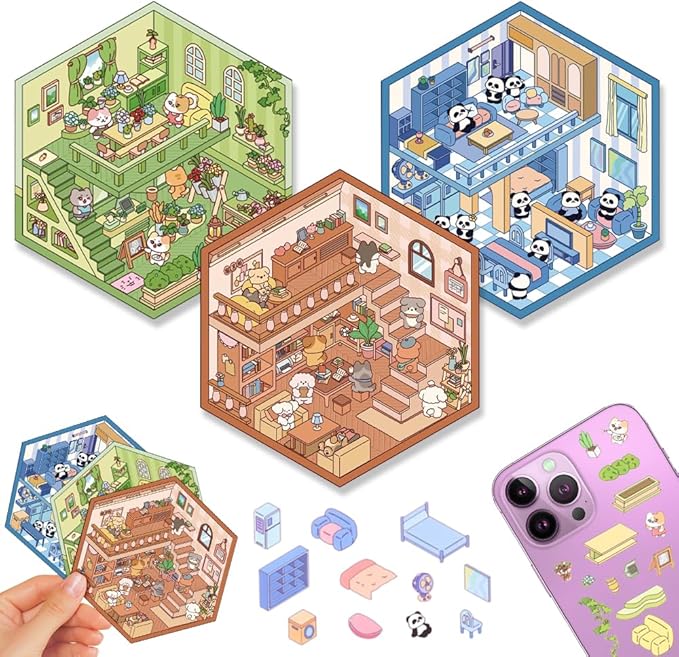 Scrapbooking Supplies Kit,DIY 3D Stickers Scene,3 Set Funny DIY Sticker Scenes,Make Your Own Cute 3D Miniature Room Scene Stickers for Adults Relief Stress Pass The Time.16-17-18