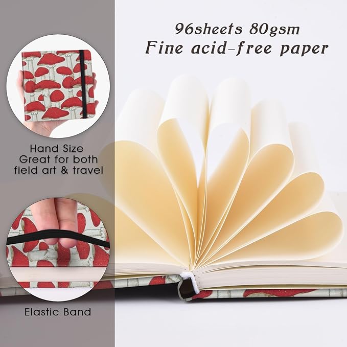 Handy Size 5 x 5 inches Sketch Book, 80GSM Acid Free Artistic Drawing Painting Writing Paper, Hardcover Cloth Cover Art Sketchbook,Journal Notebook.Red Mushroom