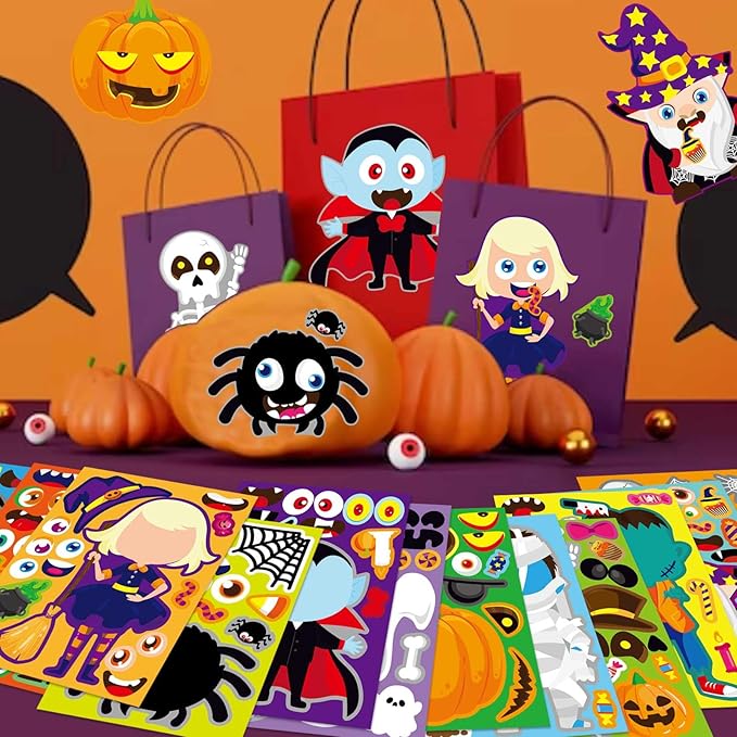 48 pcs halloween make-a-face stickers halloween characters stickers for kids make your own mix and match sticker diy crafts decorating toy sticker trick or treat party game activities