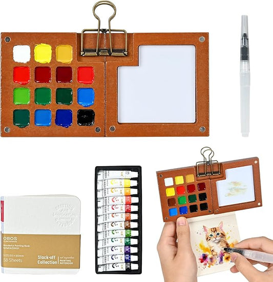 Mini Watercolor Paint Set,Portable mini Travel Watercolor kit, Pocket Watercolor Set with Paint,Art Supplies, for Artists, Amateur Hobbyists and Painting Lovers(12 Colors 15 Grids)