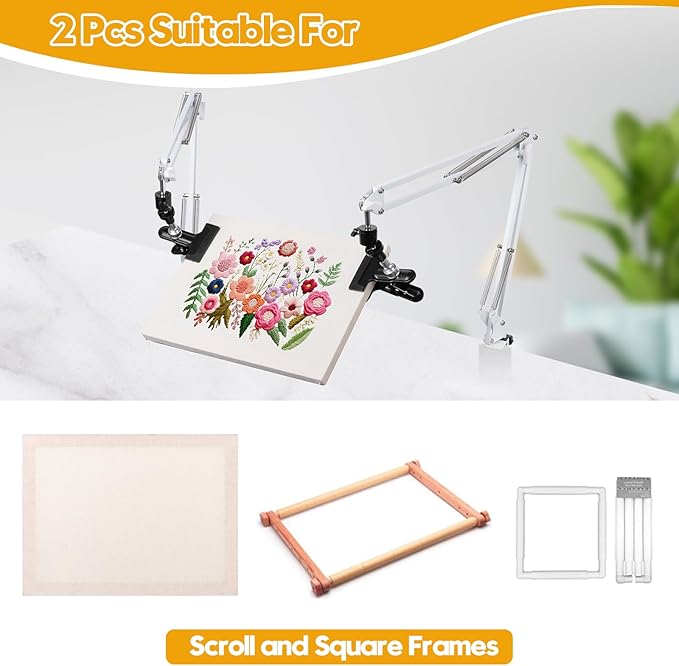 2 sets adjustable embroidery hoops stand for hand work,white cross stitch frame with 360° rotation,needlework frame, embroidery stand suitable for embroidery kit,hoop/tablet/phone holder desk stand