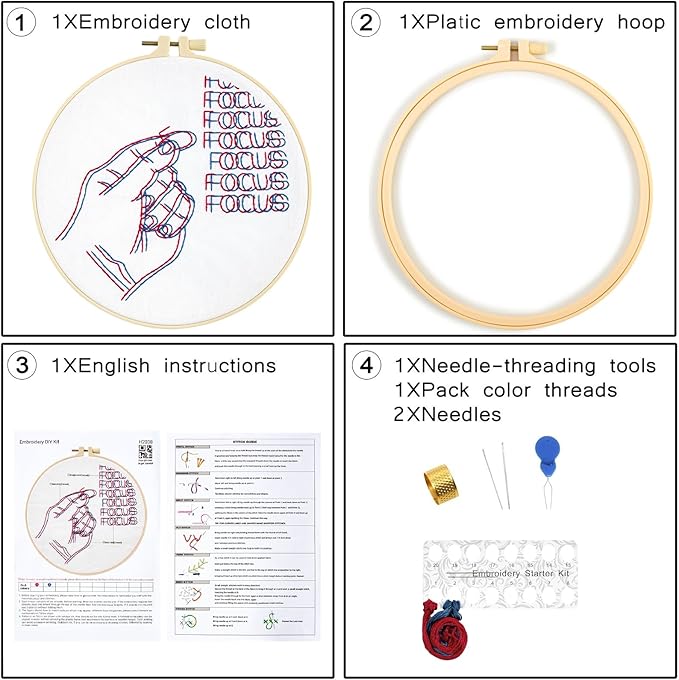 Crafmanoe Easy Hand Embroidery Kits for Beginners Adults, Focus Embroidery Starter Kits, Counted Cross Stitch Kits for Beginners Craft Kits for Adults Women, Embroidery Hoops, Thread & Video Tutorial