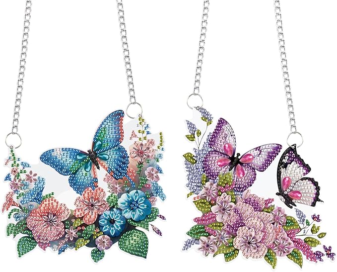 2 Pcs 5D DIY Diamond Painting Butterfly Hanging Ornaments, Acrylic Floral Diamond Art Suncatchers, Special Shape Diamond Art Hanging Kits for Window or Wall Decor