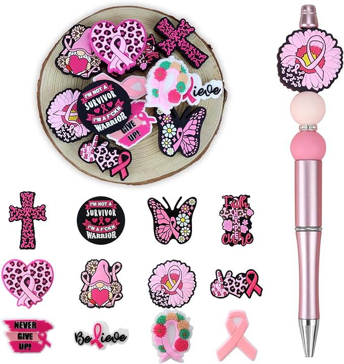 12PCS Breast Cancer Awareness Silicone Beads for Pens, 12Pcs Silicone Focal Beads for Keychain Making DIY Handicraft（Breast Cancer Awareness）