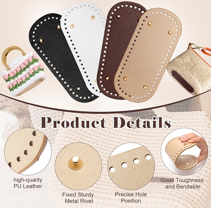Coitak 4+8 PCS Bag Bases for Crochet with D Shape Purse Handles for Bag Making, 2 PCS Crochet Hooks, 4 Colors Leather Purse Bottoms for Crocheting DIY