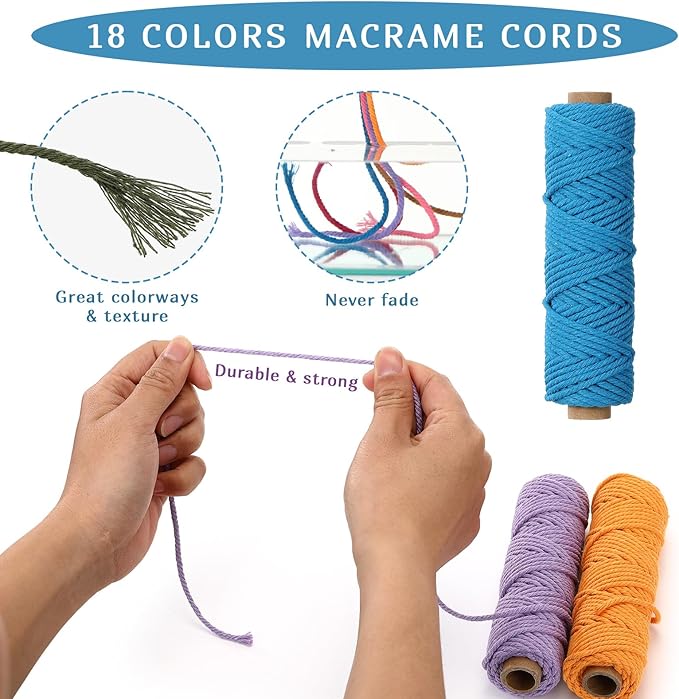 18 Rolls Macrame Cord 3mm x 594 Yards – Natural Colored Macrame Cotton Cord Rope Kit, 4 Strand Twisted Color Variety Yarn String for Wall Hanger, Plant Hanging, DIY Knitting, Macrame Supplies