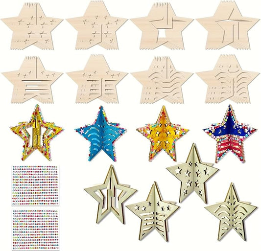 KitsyKraft 32-Piece Wooden 3D Star Crafts Kit – 16 Pair Star-Themed DIY Wooden Blank Ornaments with 2 Diamond Stickers, Unfinished Wood Cutouts for Home Decor or Creative Projects