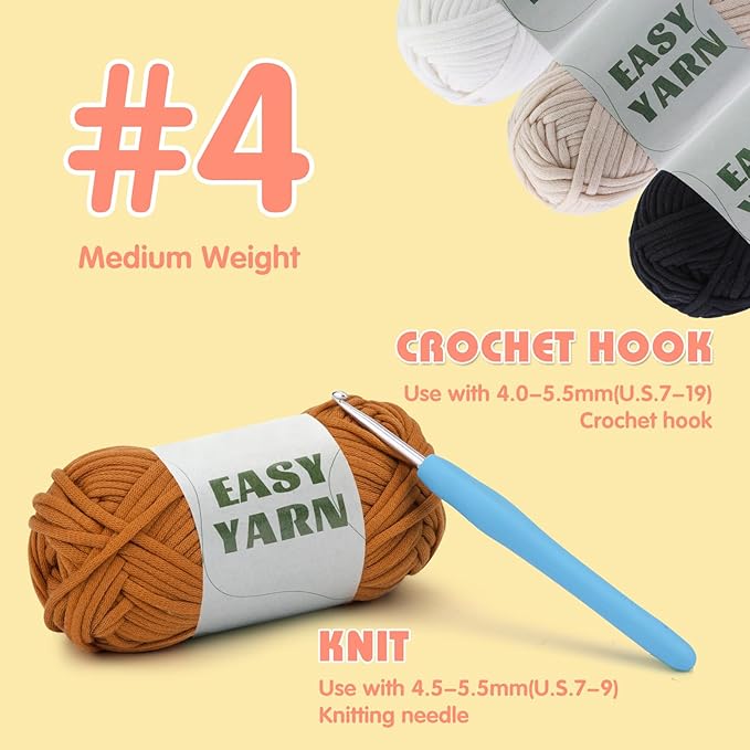 UzecPk 4x50g (7.1Oz) Yarn for Crocheting, 4x87Yds Cotton Crochet Yarn for Crocheting, Beginner Yarns with Easy-to-See Stitches, Blend Crochet Kit Making Milky (Beige&Brown&White&Black)