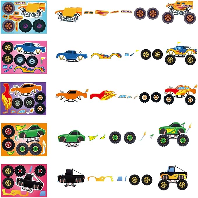 20 pcs monster truck make your own stickers with 10 designs truck party favors for monster truck-themed birthday party decorations favor supplies education toy art craft activities birthday gift