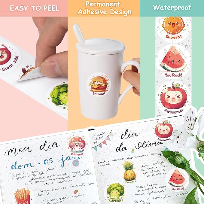 3 rolls cute food stickers for toddlers 2-4, 24 designs fruit/vegetable/snack stickers bulk for kids, 1500 pcs motivational vinyl stickers for teacher classroom prizes, homeschool supplies(1.0 inch)