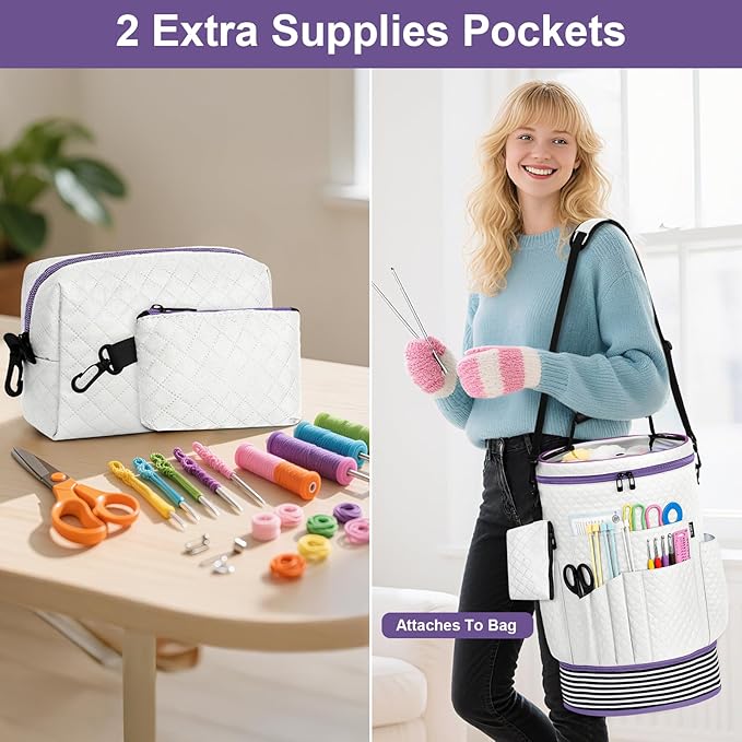 IBFUN Crochet Yarn Knitting Bag 3PCS - Expandable Yarn Storage Organizer Crocheting Bag with Accessories Cases Adjustable Strap for Hooks, Needles, Accessories, Crochet Lovers, Supplies, Beginners