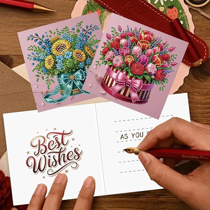 12 Packs Diamond Art Cards Kit, Diamond Painting Greeting Cards with Envelopes, DIY Card Making Kits for Adults, Gifts for Families, Friends, Partners (Bouquet)