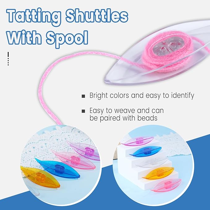 BUTUZE Tatting Shuttle Kit, 15 PCS Plastic Shuttle Set with Crochet Hooks and Beading Needles, Big Eye needles for DIY Craft Tool