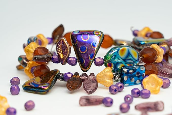 1.4oz (40g) Limited Mix of Czech Glass Beads, Hand Made Set Kit, Purple Fantasy Golden Bell Flowers