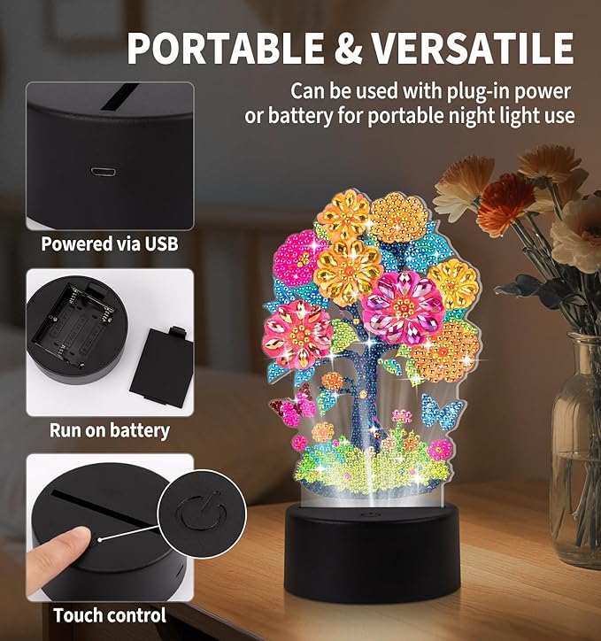 ALKALO Diamond Painting Night Light, Diamond Painting Kits for Adults Desktop Ornaments for Table Tabletop Decor Diamond Art Accessories for Adult Beginner Touch Lamp for Bedrooms Living Room- Tree