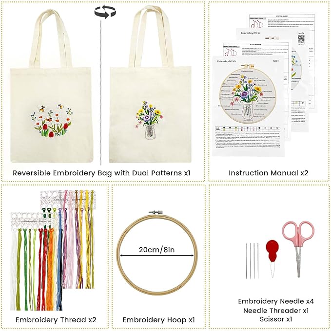 SNAIL GARDEN Double-Sided Embroidery Tote Bag Kit for Beginners, Reversible Floral and Bee & Vase Design, Complete Cross Stitch Supplies Included for Adults & Women