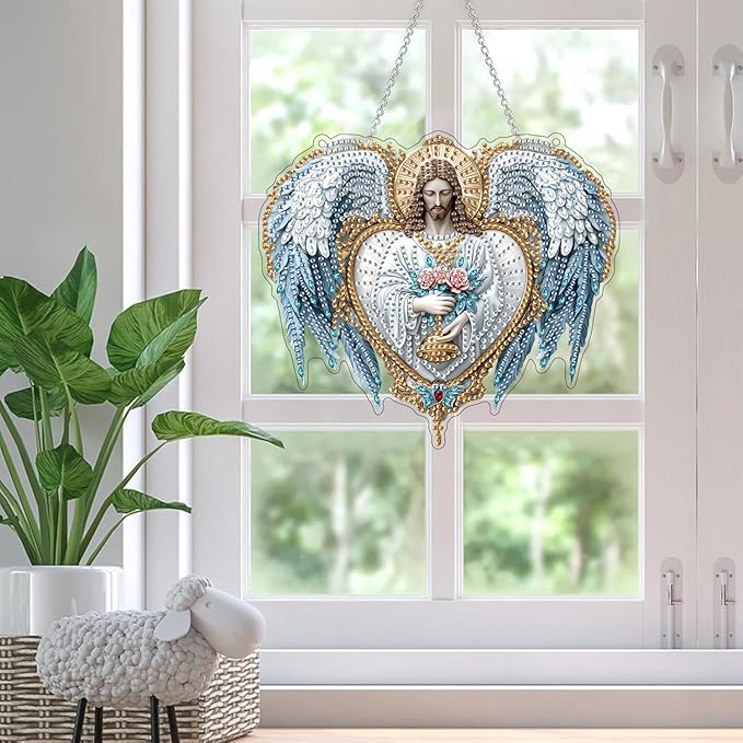 SKRYUIE Christ Hanging Diamond Art Kits for Adults Pendant Suncatcher, Special Shaped Crystal DIY Pearl Diamond Painting Kit, Gift for Mother Spring Summer Window Wreath Decor 6.9 x 7.88 Inch D3
