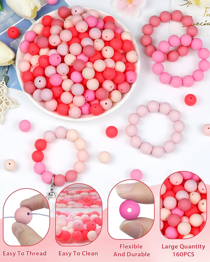 160pcs fiveizero 12mm silicone beads for keychain making, pink valentine's day mixed 6 colors round silicone bead bulk for pens, rubber beads for bracelets and diy crafts