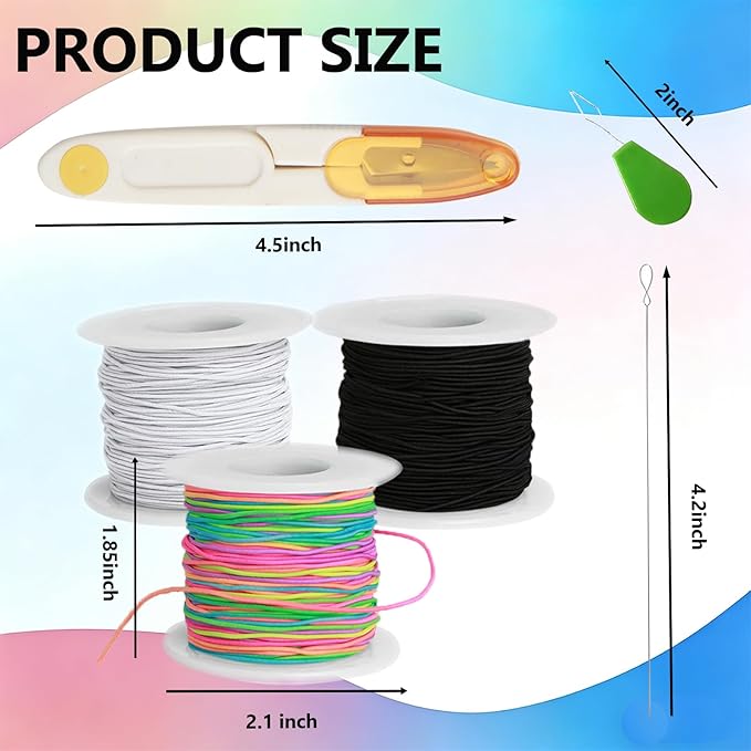 Stretchy String for Bracelet Making Kit, 4 Rolls 660 ft 1mm Elastic Cord, 2 White & 1 Black & 1 Rainbow, Includes Soft Measuring Tape & Craft Scissors for Jewelry Beading, Necklaces, DIY Crafts