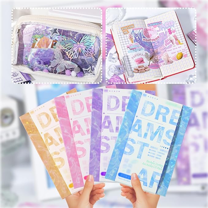 56PCS Holographic Sticker Paper Transparent Waterproof Self Adhesive Film PET Glitter Paper Scrapbooking Stickers for Junk Journal Supplies Card Making Album Collage Planner Gift Wrapping Decor