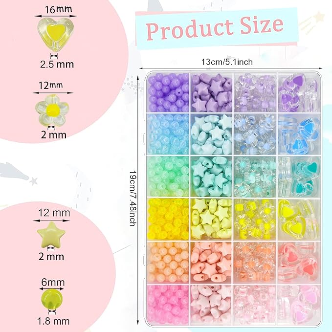 JJzxwish 798Pcs Acrylic Star Beads Hart Beads Flower Round Bead, Macaron Colors Pastel Bead Colorful Assorted Cute Aesthetic Kawaii Bead for DIY Craft Bracelets Jewelry Making Eariring Keychains