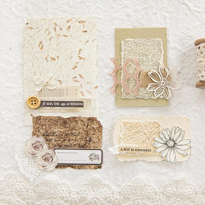 84 Sheets Small Textured Scrapbook Paper and 3D Embossed Collage Paper, Handmade Leaf Fiber Deckled Edge Paper for Junk Journal Supplies, Mixed Media, Card Making, DIY Craft Art