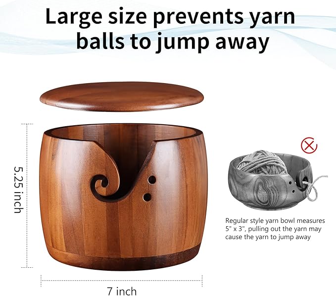 Foxyoo Yarn Bowl for Crocheting - 7x5in Large Wood Knitting Bowl with Lid, Crochet Accessories and Knitting Gadgets Supplies