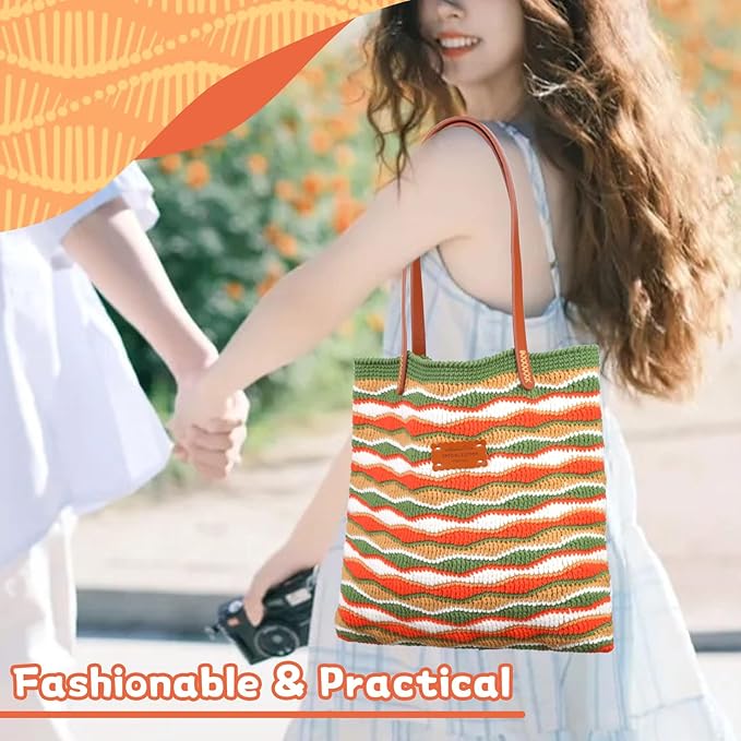Pnytty Crochet Bag Kit for Beginners Complete Starter Set with Yarn, Hook & Step-by-Step Video Tutorials DIY Shoulder Bag Crafting Gift for Adults (Rainbow)