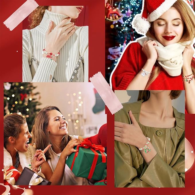 SUNNYCLUE 1 Box 275Pcs DIY 6 Set Christmas Bracelet Making Kit Christmas Bracelets Bulk Winter Snow Christmas Tree Charms Glass Beads for Jewelry Making Kits Beginners Adults Women DIY Gift Craft