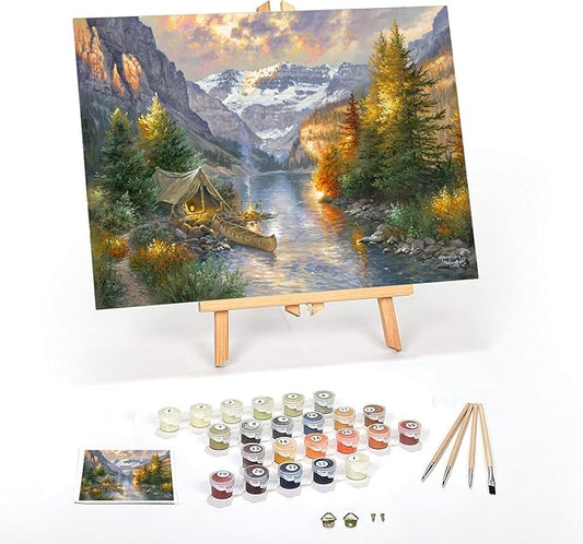 Ledgebay DIY Paint by Numbers Kit for Adults Framed Canvas: Beginner to Advanced Paint by Numbers Kit, Kits Include Acrylic Paint Set Brushes & Tabletop Easel (Rocky Mountain Campsite 12"x16" Framed)