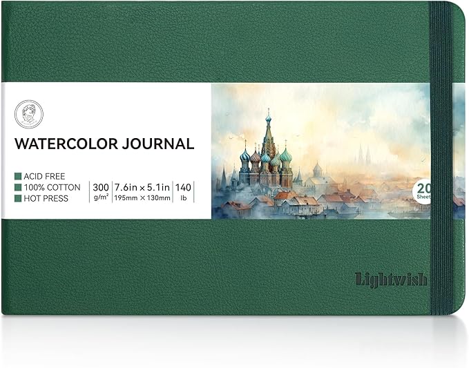 Lightwish Watercolor Journal, 100% Cotton Hot Press Art Supplies Watercolor Paper7.6” x 5.1”, 20 Sheets (140lb/300gsm), Acid-Free for Watercolors, Gouache, Acrylics