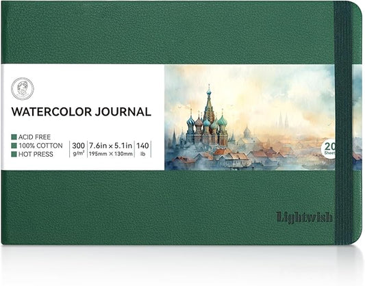 Lightwish Watercolor Journal, 100% Cotton Hot Press Art Supplies Watercolor Paper7.6” x 5.1”, 20 Sheets (140lb/300gsm), Acid-Free for Watercolors, Gouache, Acrylics