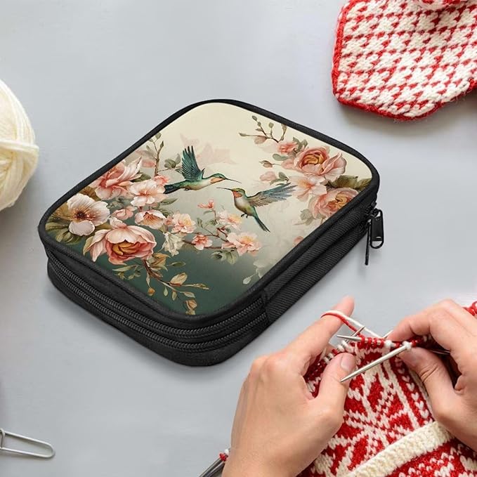 Hechitok Hummingbird Floral Hook Case, Organizer Zipper Bag with Web Pockets for Various Crochet Needles and Knitting Accessories Easy to Carry