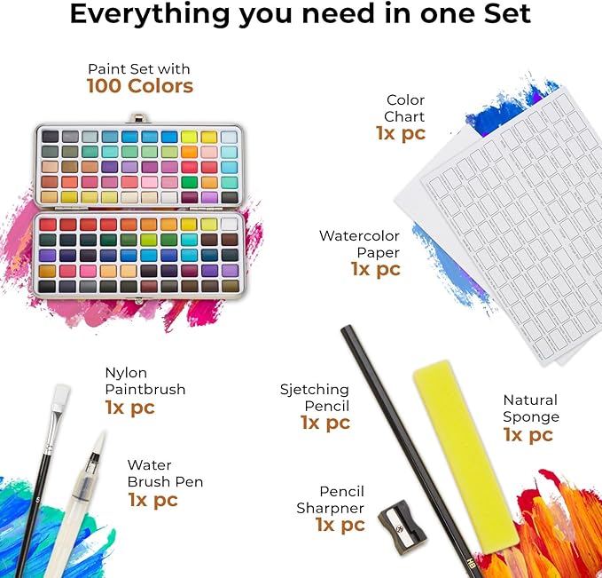 Watercolor Paint Set - 100 Colors with Metallic, Macaron & Fluorescent Shades - Washable, Non-Toxic Portable Paint Kit with Water Brush, Palette & Case - Painting Supplies for Beginner & Professionals