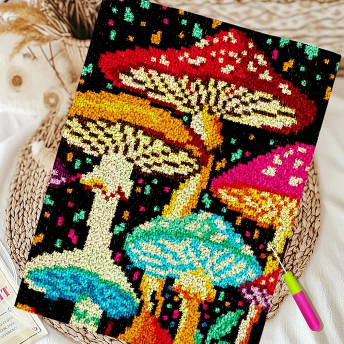 ORIGACH Mushroom Latch Hook Rug Kits, Color Stamped Grid Cloth Handmade Rug, Pattern Printed Carpet Kit, DIY Crochet Rug for Adults Home Decoration Festival Gifts 52 x 38 cm
