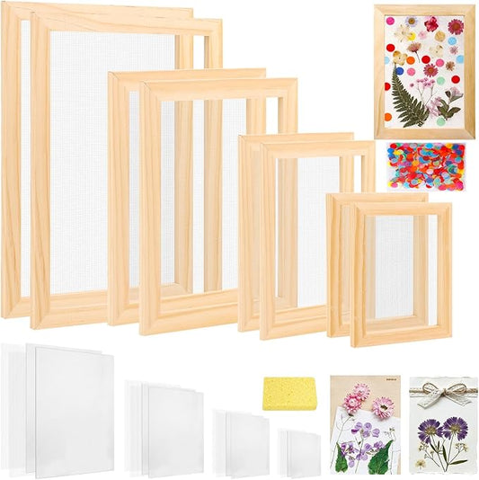 Aboofx Paper Making Kit, A4 A5 A6 A7 Size Paper Making Screen Frame Kit, Wooden Mold and Deckle with Mesh, Absorbent Papers, Sponge and Confetti,DIY Handmade Papermaking Supplies Gift for Craft Lover