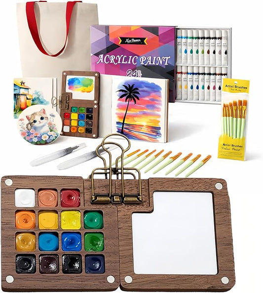 fsdyknej Mini Watercolor Travel Paint Set, Walnut Wood 15-Color Compact Travel Art Kit, with Paint Brushes, Water Brush, Watercolor Cards, Unique Creative Gift for Birthdays, Holidays & Art Lovers
