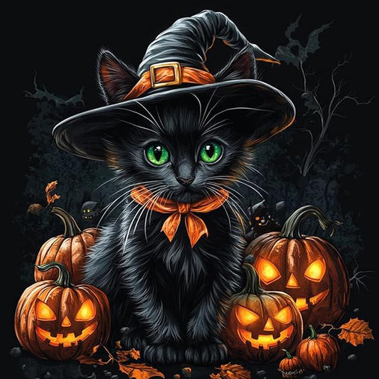 Yezavesu Halloween Diamond Art Kits for Adults, Black Cat Diamond Painting Kit for Beginners, Pumpkin 5D DIY Round Full Drill Painting with Gem Art Craft Kits for Home Wall Decor 14x14 Inch
