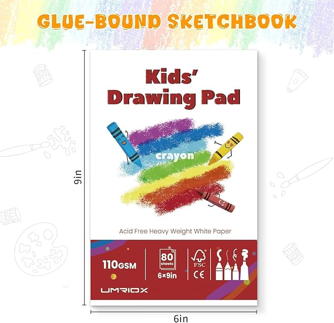 umriox drawing pad for kids, 6" x 9" sketch book, 2-pack sketch pad (80 sheets each), 110gsm acid-free drawing paper, glue-bound art sketchbook for kids' classroom, travel & school art supplies