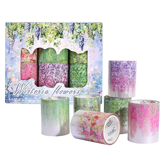 Wisteria Floral PET Decorative Tape Set, 6 Rolls Wide Garden Washi Tape for Journaling Supplies, Scrapbooking, Bullet Journal, Junk Journal, DIY Crafts and Gift Wrapping