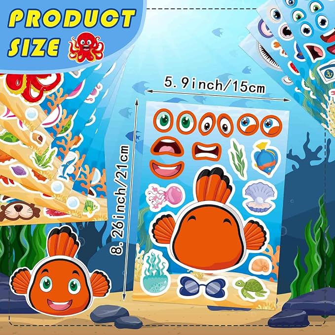 24 sheets ocean animal stickers for kids, make a face sticker, make your own sea animal stickers for kids activities supplies crafts, ocean sea party favors