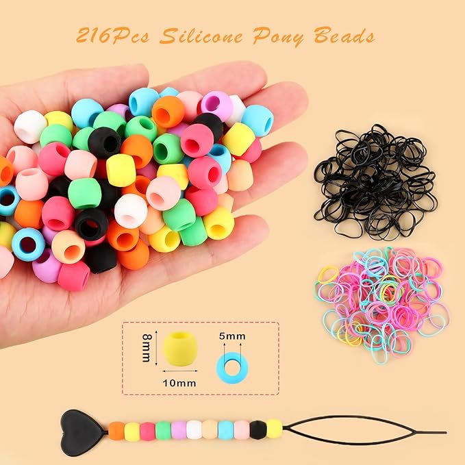 AD Beads 208PCS 6x9mm Soft Pony Silicone Beads for Hairstyle, Multicolor with 80 Elastic Bands, Tool and Storage Box Kit for Braids, Bracelet, Crafts.