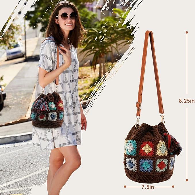 Noocro Crochet Kit for Advanced or Intermediate Beginner DIY Granny Square Bucket Bag, Purse with Step by Step Tutorial Video and Detailed Instruction Complete Kit Craft Holiday Gift (Chestnut)