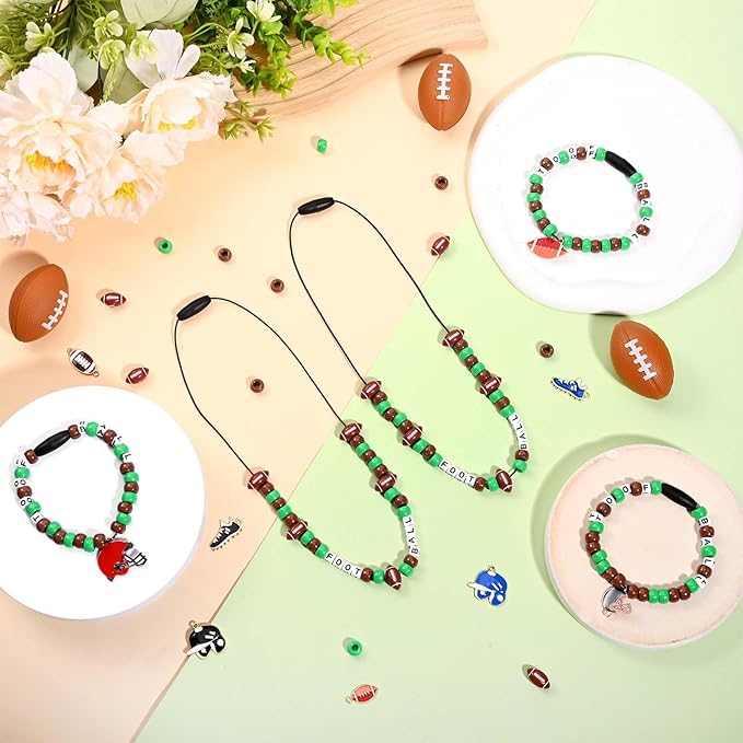 Kavoc Football Beads Necklace Crafts Kit Football Letter Beads Green Brown Pony Beads Sports-Themed Pendants Cords for Jewelry Necklace Bracelet Making DIY Crafts Decor