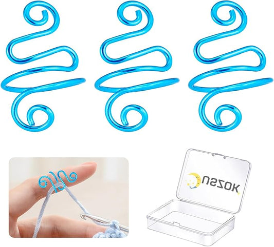 Juszok 3Pcs Handmade Crochet Tension Ring, Crochet Ring for Finger Crocheting，Yarn Tension Control Ring, Adjustable Companion Knitting Ring with Box Gifts for Crocheters Knitters Women (Blue)